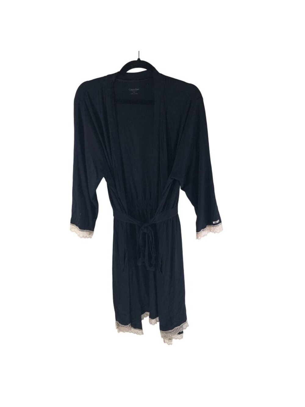 Calvin Klein Black Lace-Trim Modal Blend Robe M/L Tie Waist
